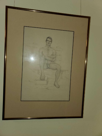 Male Nude Sketch, Matted and Framed Under Glass, No Artist Signature Visible