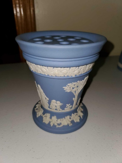 Wedgwood jasper Ware Fluted Vase with Flower Frog Insert