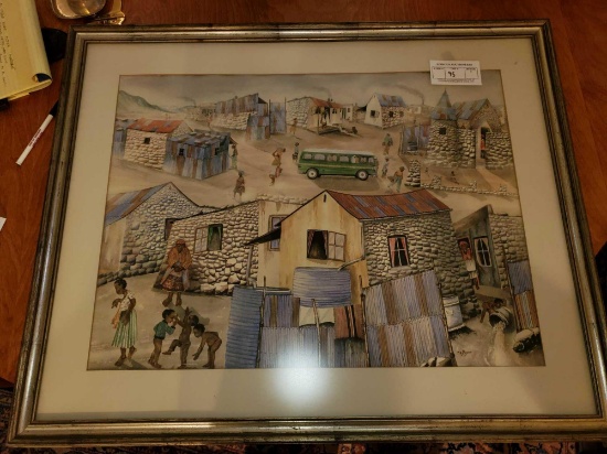 African Village Watercolor, Signed P.D. Mogano, Matted and Framed Under Glass