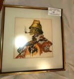 Watercolor of Man Smoking Pipe, No Artist Signature Visible, Matted and Framed Under Glass
