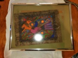 Mixed Media Original Art, Colorful Birds, Flowers, Egyptian Dog, Framed Under Glass