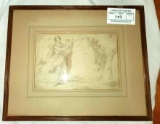 Original Early Woman Playing Harp, Matted and Framed Under Glass