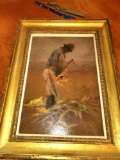 Oil on Board Painting, Man Shucking Corn, No Visible Signature
