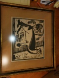 African Art Block Print, Signature Illegible, Framed and Matted Under Glass