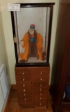 Figurine in Glass Showcase with Small 14 Drawer Cabinet
