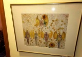 Abstract Angels and Flowers Original Oil Painting on Paper, Matted and Framed Under Glass