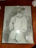 Male Nude Pencil Sketch, Signed by Tom Jones, Framed Under Glass