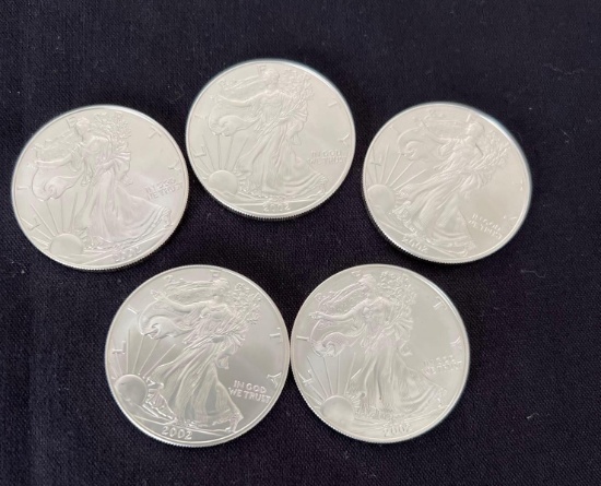 5 2002 Walking Liberty Silver Eagles