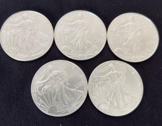 5 2002 Walking Liberty SIlver Eagles