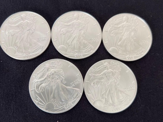 5 2002 Walking Liberty SIlver Eagles