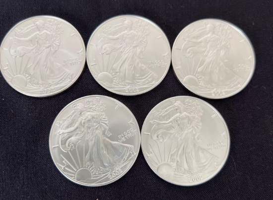 5 2002 Walking Liberty SIlver Eagles
