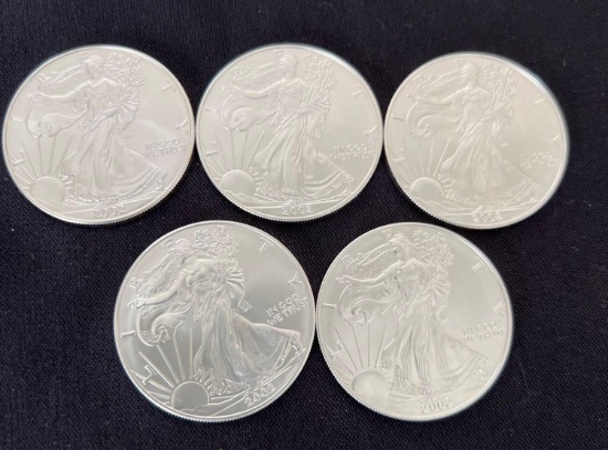 5 2002 Walking Liberty SIlver Eagles
