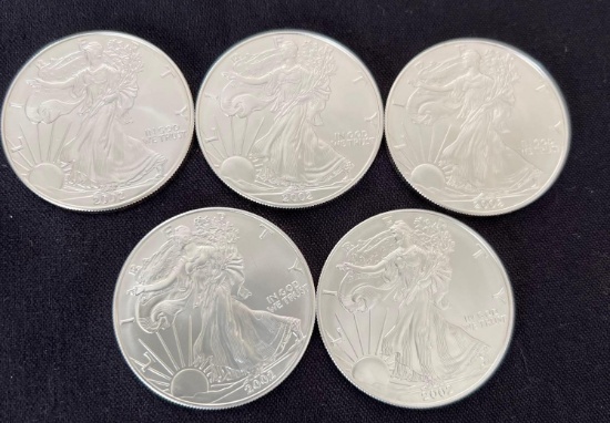 5 2002 Walking Liberty SIlver Eagles