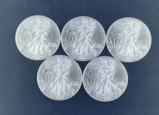 5 2002 Walking Liberty Silver Eagles