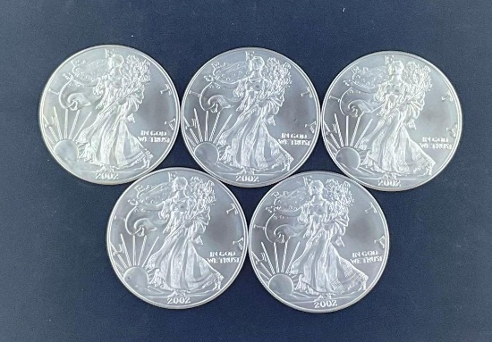 5 2002 Walking Liberty Silver Eagles