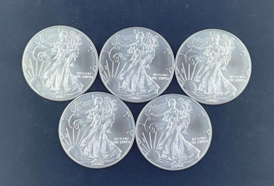 5 2002 Walking Liberty Silver Eagles