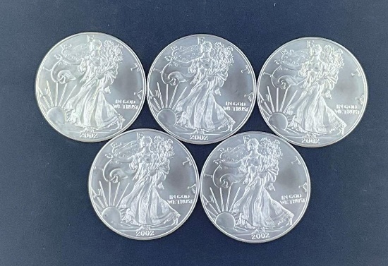 5 2002 Walking Liberty Silver Eagles