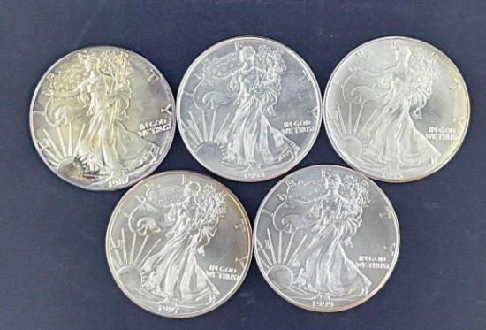 5 Walking Liberty Silver Eagles