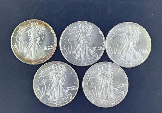 5 Walking Liberty Silver Eagles
