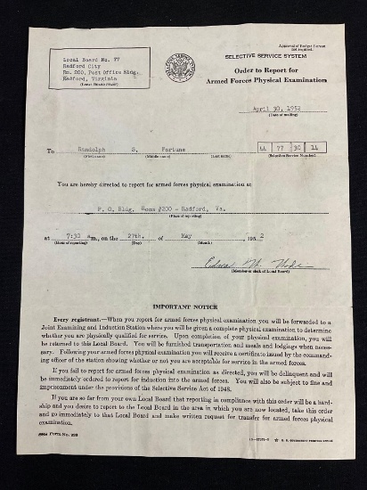 Selective Service Notification from Radford, Va