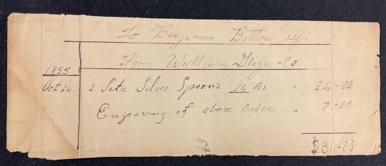 Receipt from 1855 for Silver Spoons from William Glaze Co.