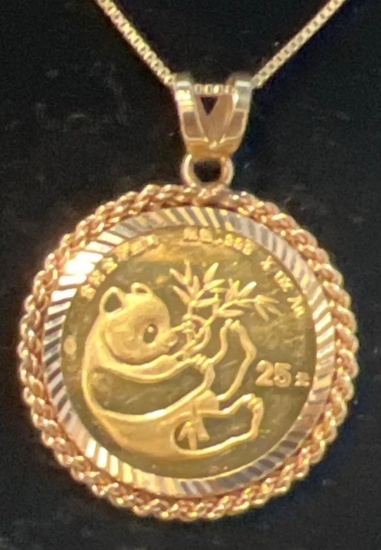 14K Yellow Gold Bezel Set 1/4 0z .999 1984 Gold Panda Coin Pendant. 12.3g total