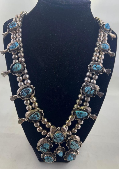Vintage Southwest Turquoise and Silver Bead Squash Blossom Necklace