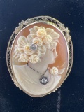 Antique Diamond Coral Cameo Brooch in 14k White Gold