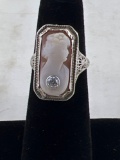 Stunning Antique Diamond Coral Cameo Ring in 14k White Gold