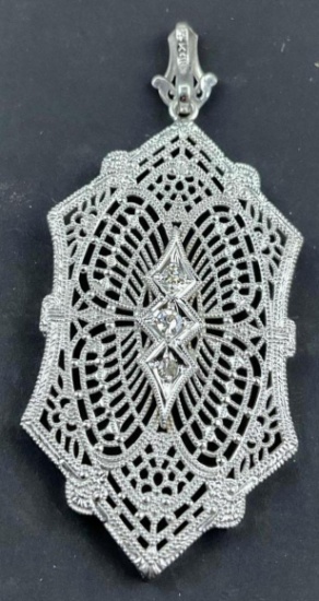 14K White Gold and Diamond Filigree Pendant