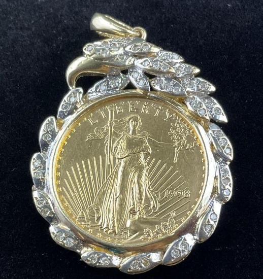 $25 Walking Liberty Half Ounce Gold Coin Set in 14K Gold and Diamond Pendant