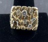 Gentlemen's 14K Yellow Gold Nugget Ring Contains 7 Diamonds
