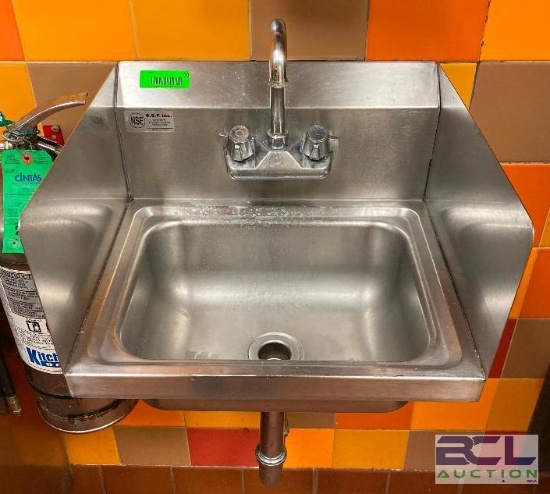 DESCRIPTION 17" X 15" WALL MOUNTED STAINLESS SINK W/ PAPER TOWELL & SOAP DISPENSER SIZE 17" X 15"