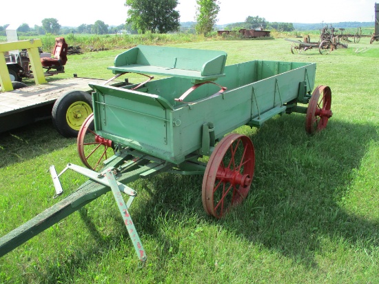 Wooden wagon, buck board seat, steel wheels