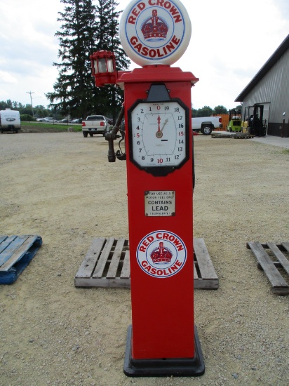 Gas pump, Brass tag M&E 18-188, Red Crown gasoline adv.