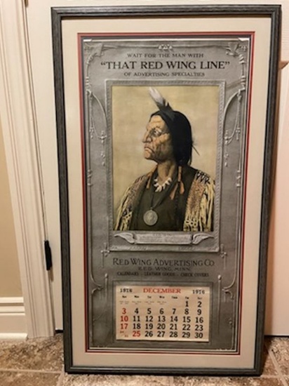 1916 CHEF RED WING CALENDAR, EXTREMELY RARE, MATTED AND FRAMED [38" TALL X 21 3/4" WIDE]