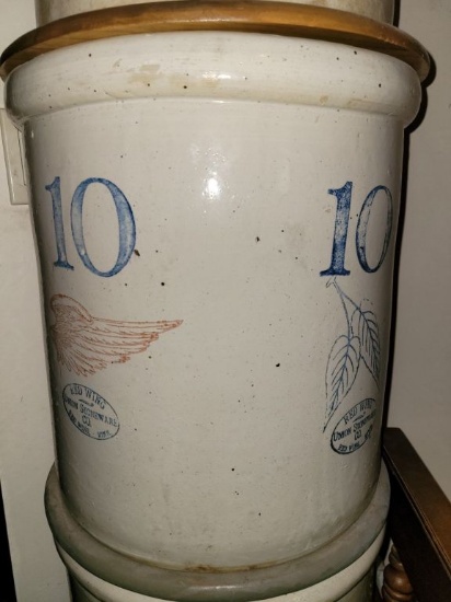 RED WING 10 GALLON CROCK, DOUBLE STAMPED WING ON ONE SIDE, BIRCH LEAVES ON OTHER SIDE