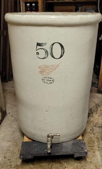 RED WING 50 GALLON CROCK, 6" WING, SPIGOT HOLE, LARGE OVAL - 2 INNER RIM CHIPS, 2 BASE CHIPS