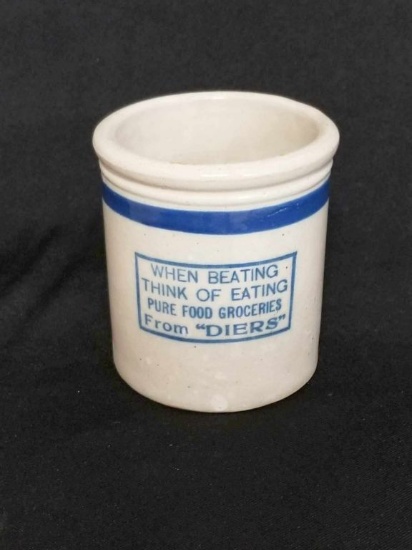 RED WING BEATER JAR W/2 DIFFERENT ADS, USE PURITAN FLOUR, AND GROCERIES FROM DIERS - EXCELLENT