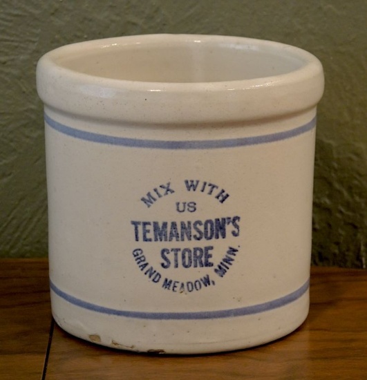 RED WING BEATER JAR, ADV TEMANSON'S STORE, GRAND MEADOWS, MN - 2 SMALL BASE CHIPS