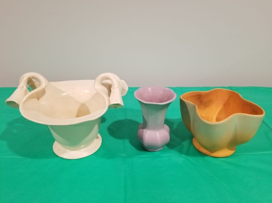 3PC SET OF RUMRILL ART POTTERY, #311 VASE IN LILAC, #388 TRUMPET VASE, IVORY GLAZE, #500 VASE GOLDEN