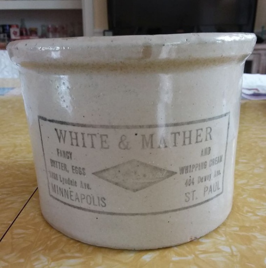 BUTTER CROCK WITH WHITE AND MATHER, MN, ST PAUL ADV - GOOD