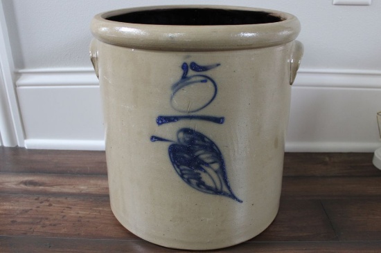 5 GALLON  RED WING SALT GLAZE LEAF CROCK - SMALL CHIP EACH HANDLE