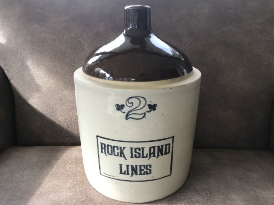 WESTERN STONEWARE 2 GALLON ROCK ISLAND RAILROAD, BROWN TOP - MINT