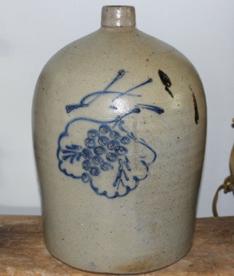 4 GALLON SALT GLAZE BEEHIVE JUG W/COBALT GRAPE LEAF - EXCELLENT