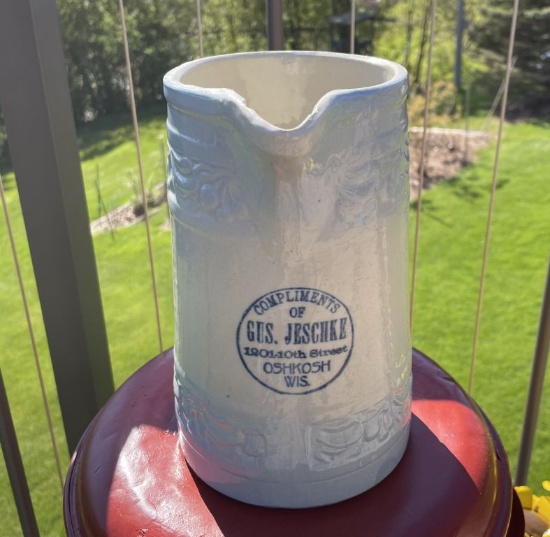 CHERRY BAND PITCHER W/ADV FROM OSHKOSH, WI - MINT