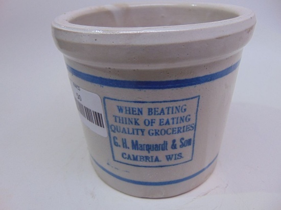 RED WING BEATER JAR W/G.H. MARQUARDT & SON, CAMBRIA, WI - EXCELLENT
