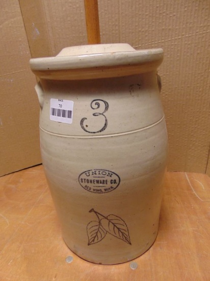 RED WING 3 GALLON BIRCHLEAF, OVAL OVER, CHURN - LID HAS CRACK