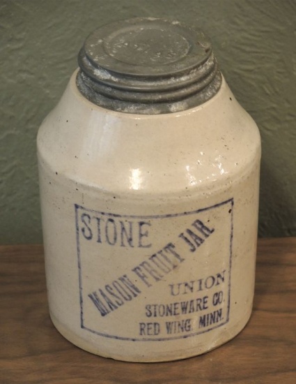 RED WING STONE MASON JAR, BLUE PRINT, SHORT QUART, 6 3/8" W/ZINC LID