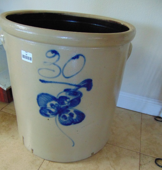 RED WING 30 GALLON SALT GLAZE CROCK, COBALT BUTTERFLY, BACK STAMP RED WING STONEWARE CO - BACK TOP